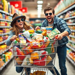 Two crazy friends are shopping for groceries