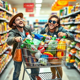 Two crazy friends are shopping for groceries