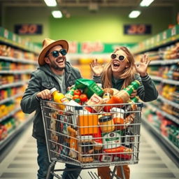 Two crazy friends are shopping for groceries