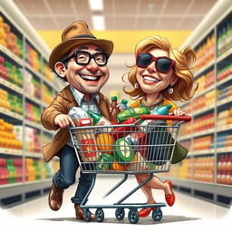 A realistic caricature of a crazy couple shopping for groceries