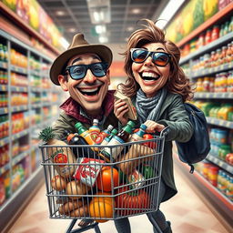 A realistic caricature of a crazy couple shopping for groceries