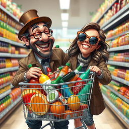 A realistic caricature of a crazy couple shopping for groceries