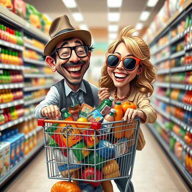 A realistic caricature of a crazy couple shopping for groceries