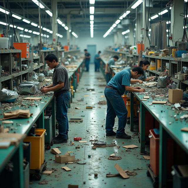 Imagem de uma linha de produção de dispositivos eletrônicos desorganizada, com componentes espalhados, trabalhadores confusos e prateleiras desordenadas, refletindo um ambiente caótico