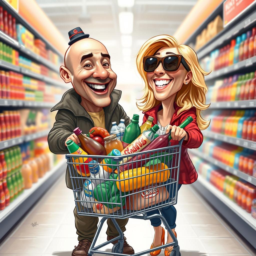 A realistic caricature of a couple shopping for groceries