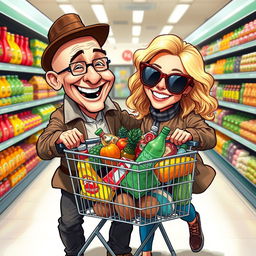 A realistic caricature of a couple shopping for groceries