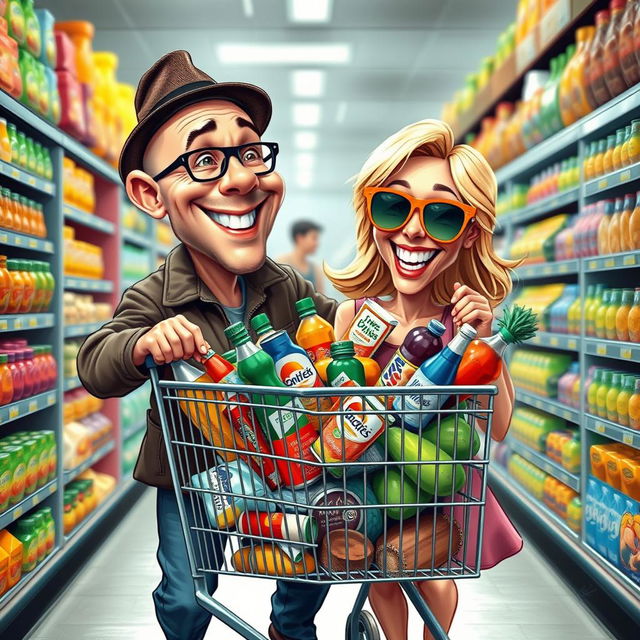 A realistic caricature of a couple shopping for groceries