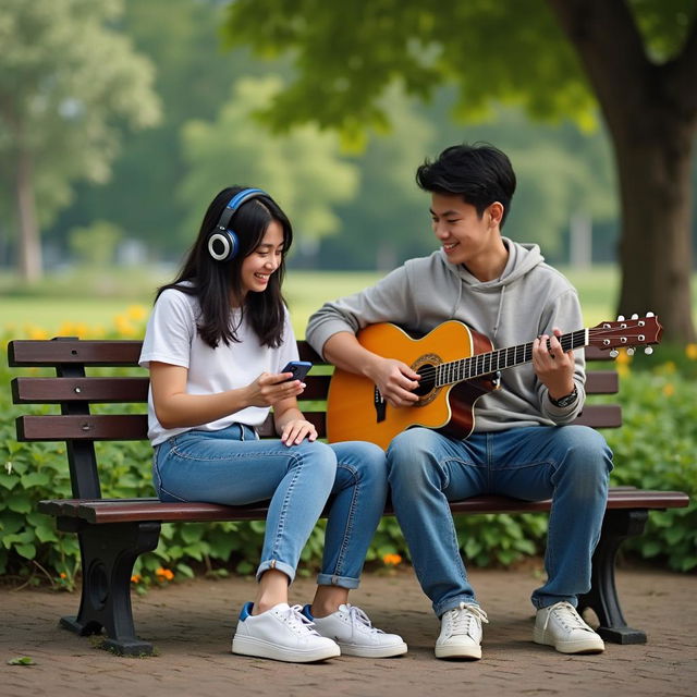 Seorang gadis muda mendengarkan musik dengan headphone di taman, sementara seorang pria memainkan gitar akustik di dekatnya