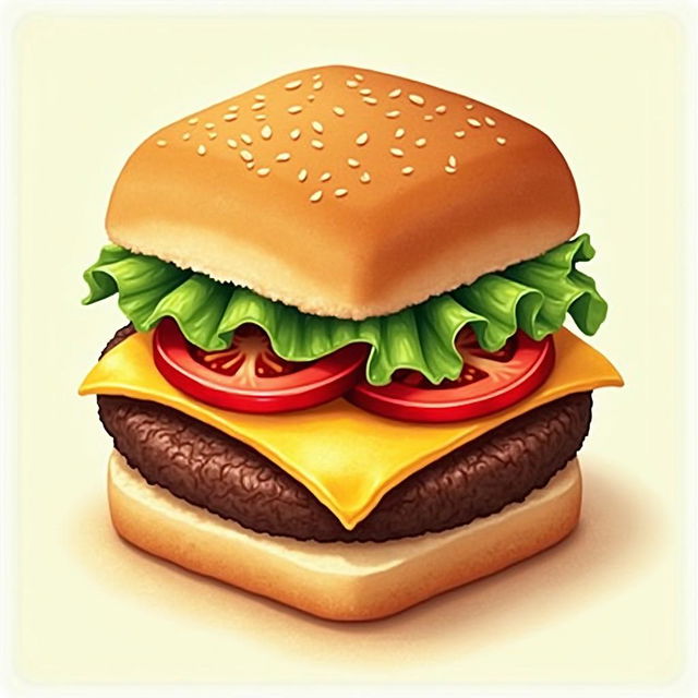 Illustrate a hexagonal hamburger with layers of lettuce, tomato, cheese, and a beef patty, all conforming to a hexagonal shape