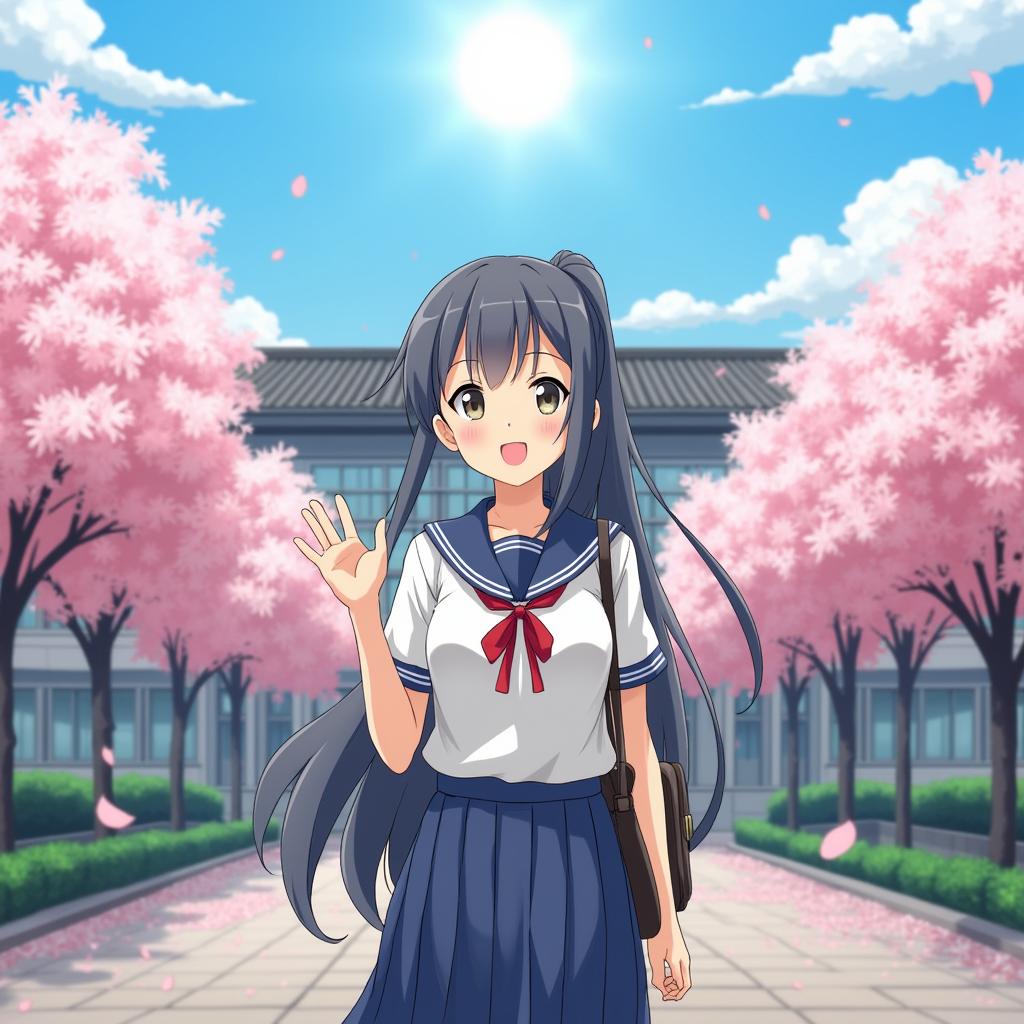 A schoolgirl in a classic uniform stands in front of a Japanese school building with cherry blossoms in the background, exuding a cheerful and inviting atmosphere