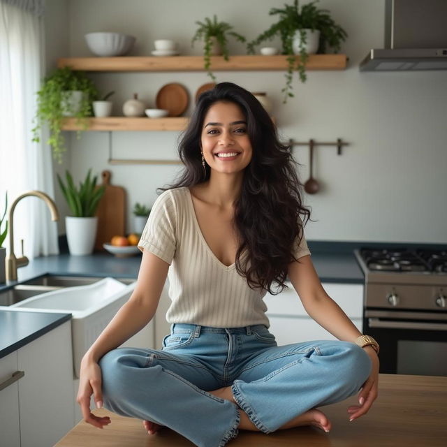 Keerthy Suresh sitting on a modern kitchen slab with her legs widened, dressed in casual attire, in a well-lit and relaxed setting