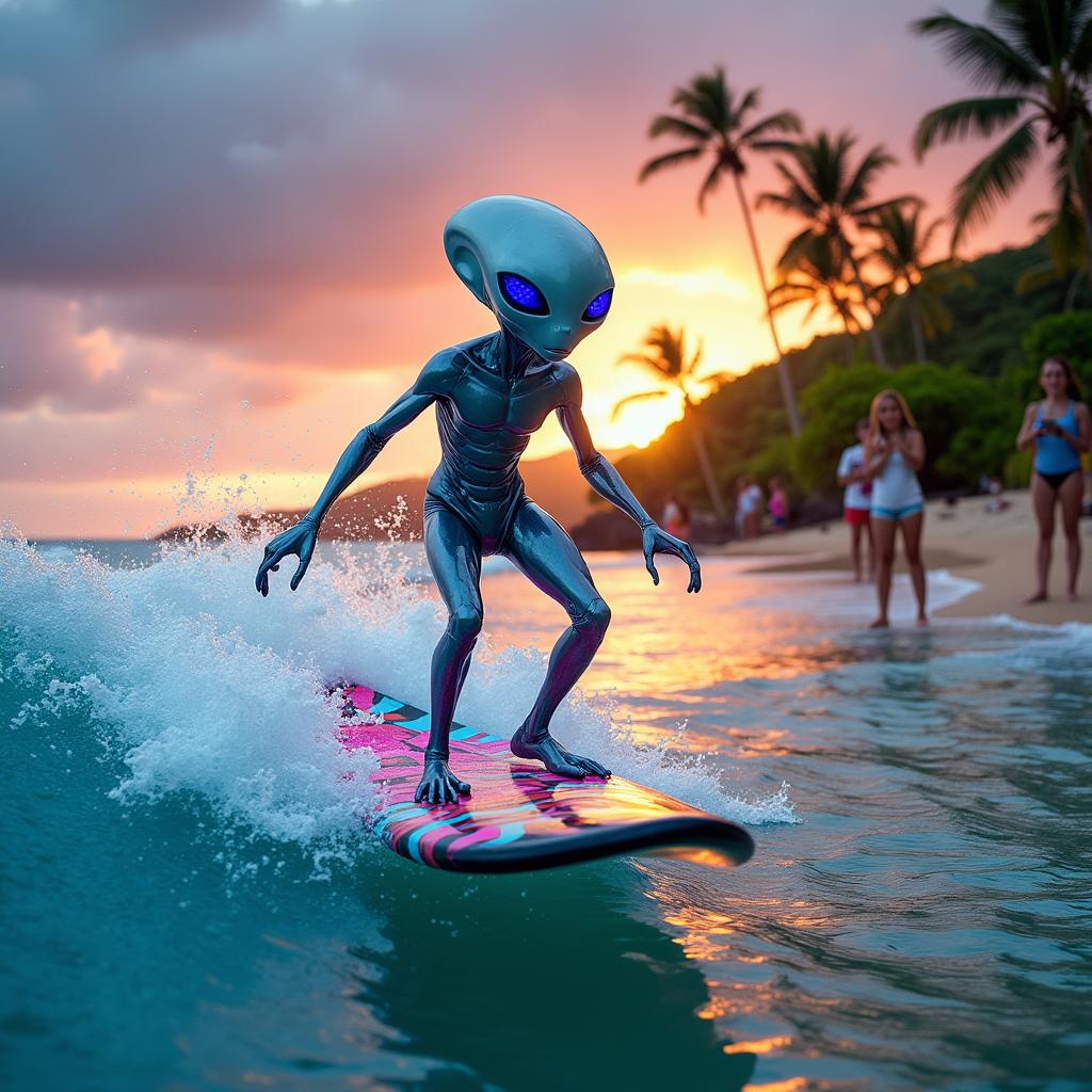 An alien with glowing blue eyes and metallic skin is surfing on a neon-patterned surfboard in Hawaii, featuring a beautiful sunset and beachgoers watching in awe