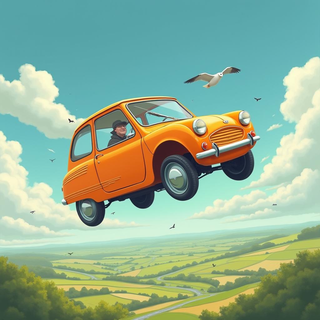 A vibrant scene of a three-wheeler Reliant Robin car flying through the sky among clouds and birds, with a picturesque landscape below