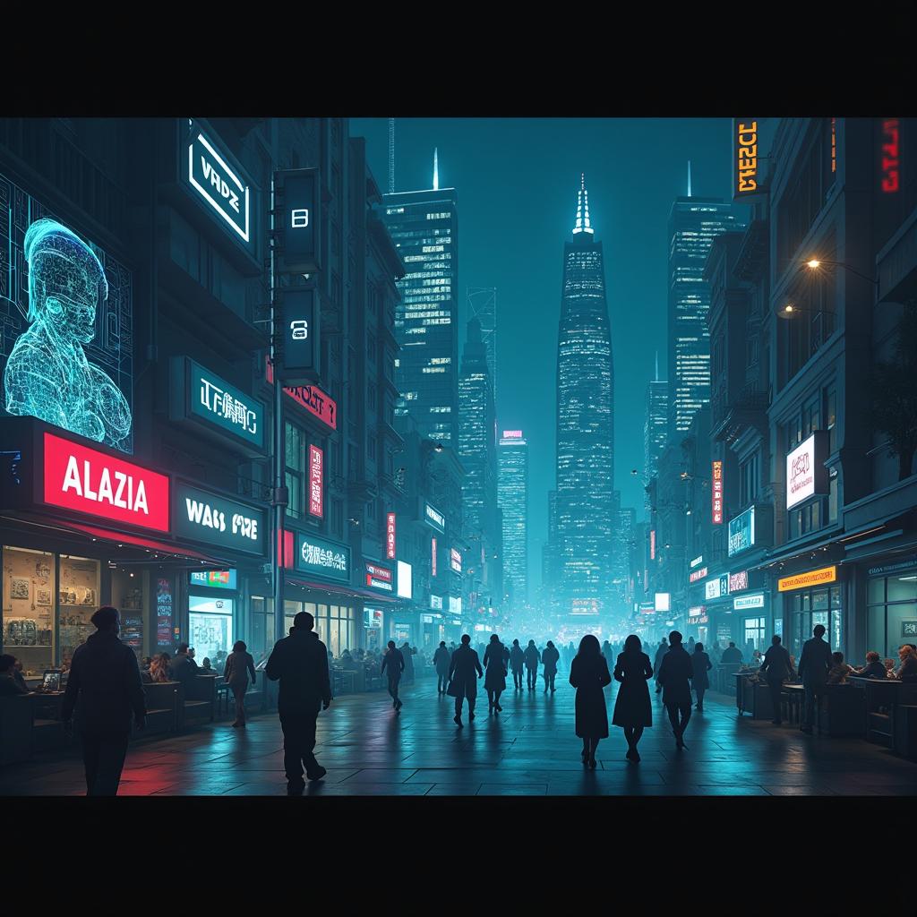 Create a dark, futuristic video sequence exploring the ethical dilemmas and social impacts of AI, featuring dynamic text overlays with thought-provoking phrases about AI's influence on society