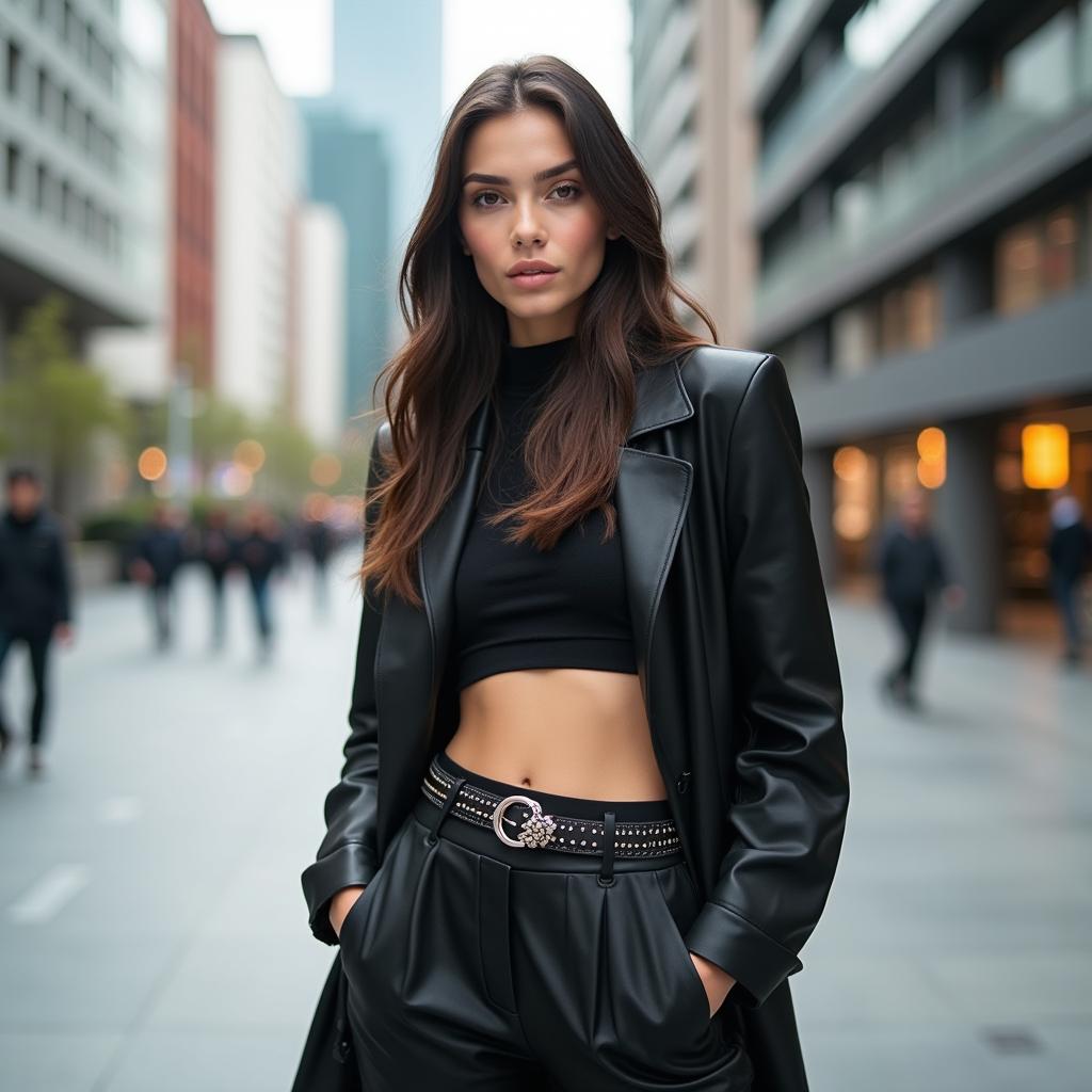 A stylish young woman in an urban setting, wearing a fashionable outfit with a trendy and alluring belt that accentuates her waist, exuding confidence and grace