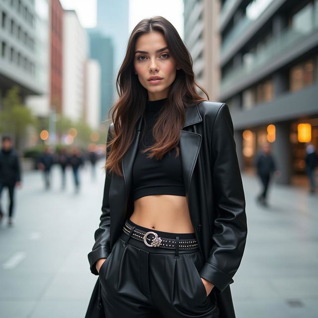 A stylish young woman in an urban setting, wearing a fashionable outfit with a trendy and alluring belt that accentuates her waist, exuding confidence and grace