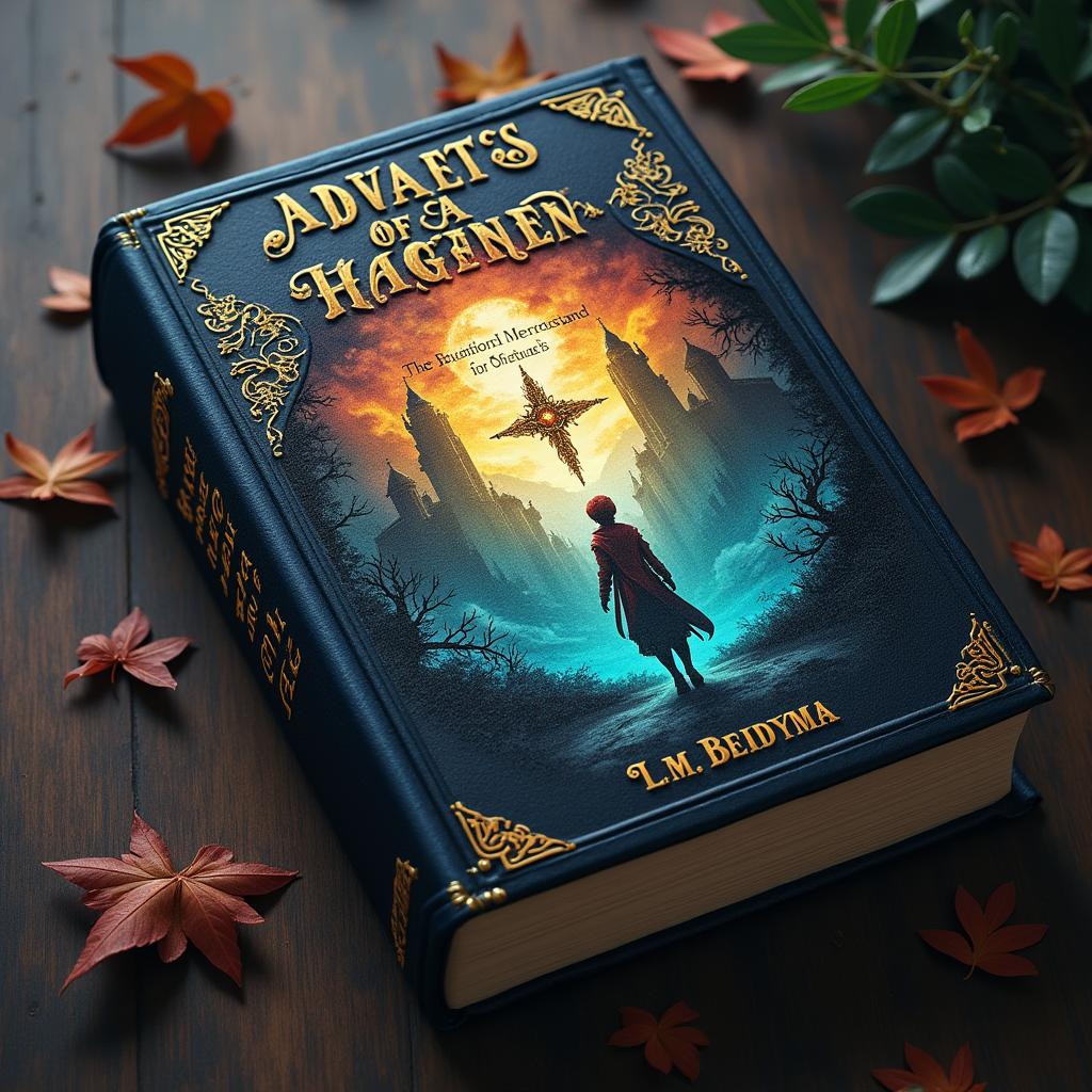 A captivating book cover featuring a mystical forest or ancient castle, with rich dark tones and vibrant colors