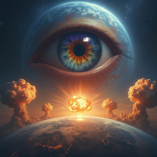 A colossal, divine all-seeing eye gazes over a chaotic Earth with multiple nuclear explosions, creating a dark and apocalyptic scene