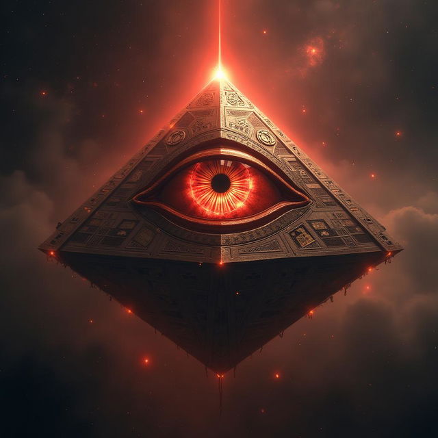 An all-seeing eye inside a pyramid-shaped spaceship with a red glow, hovering in space with a dark and foreboding atmosphere.