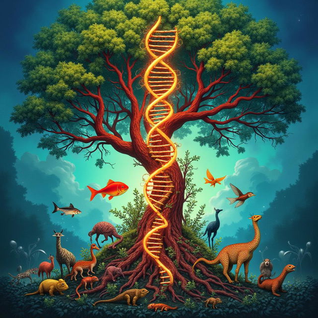 Create a colorful and creative biology book cover featuring a tree of life, DNA helix, and evolutionary stages with the title 'Biology: The Evolution of Life' by Dr