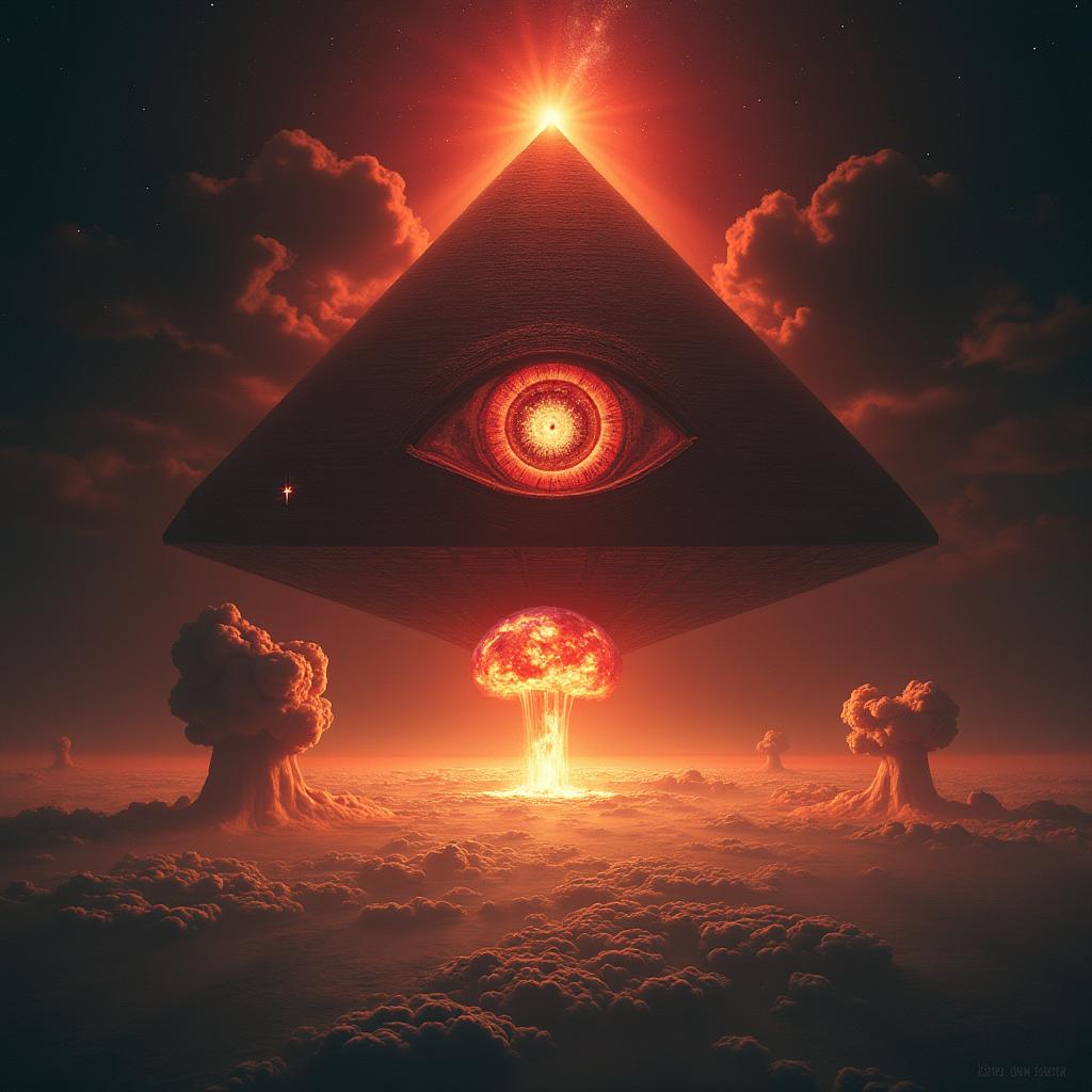 A pyramid-shaped spaceship with an all-seeing eye and a red glow hovers over a chaotic Earth with nuclear explosions, creating a dark and apocalyptic scene