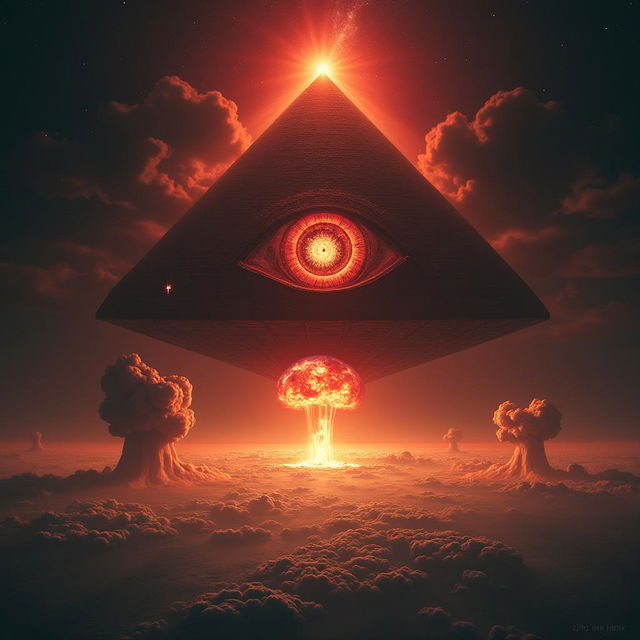 A pyramid-shaped spaceship with an all-seeing eye and a red glow hovers over a chaotic Earth with nuclear explosions, creating a dark and apocalyptic scene