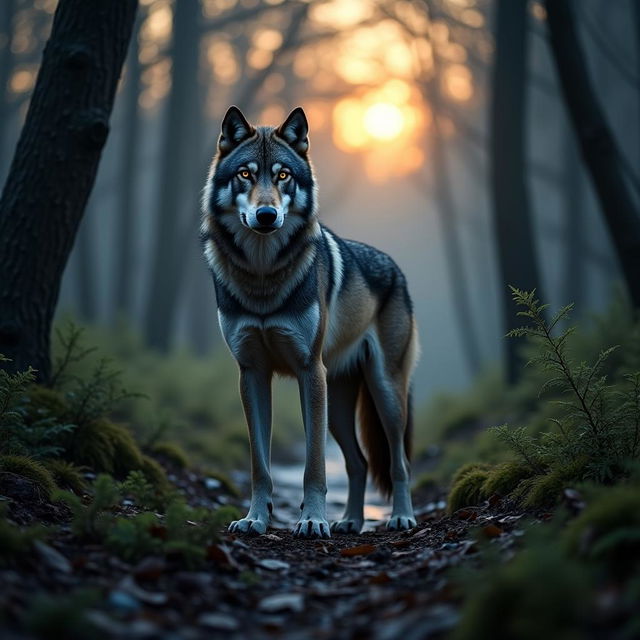 A majestic wolf with grey, white, and black fur stands in a dense forest during twilight, illuminated by the warm glow of the setting sun