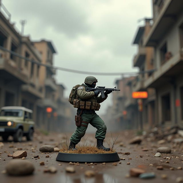 Miniatura inspirada en Warzone con un soldado en equipo táctico en un entorno urbano destruido, con una paleta de colores oscuros y destellos de fuego