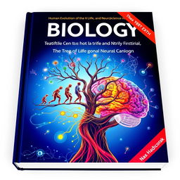 A vibrant and creative book cover for a biology textbook focused on human evolution, the tree of life, and neuroscience