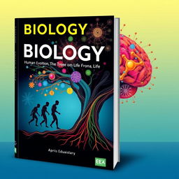 A vibrant and creative book cover for a biology textbook focused on human evolution, the tree of life, and neuroscience