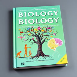 A vibrant and creative book cover for a biology textbook focused on human evolution, the tree of life, and neuroscience