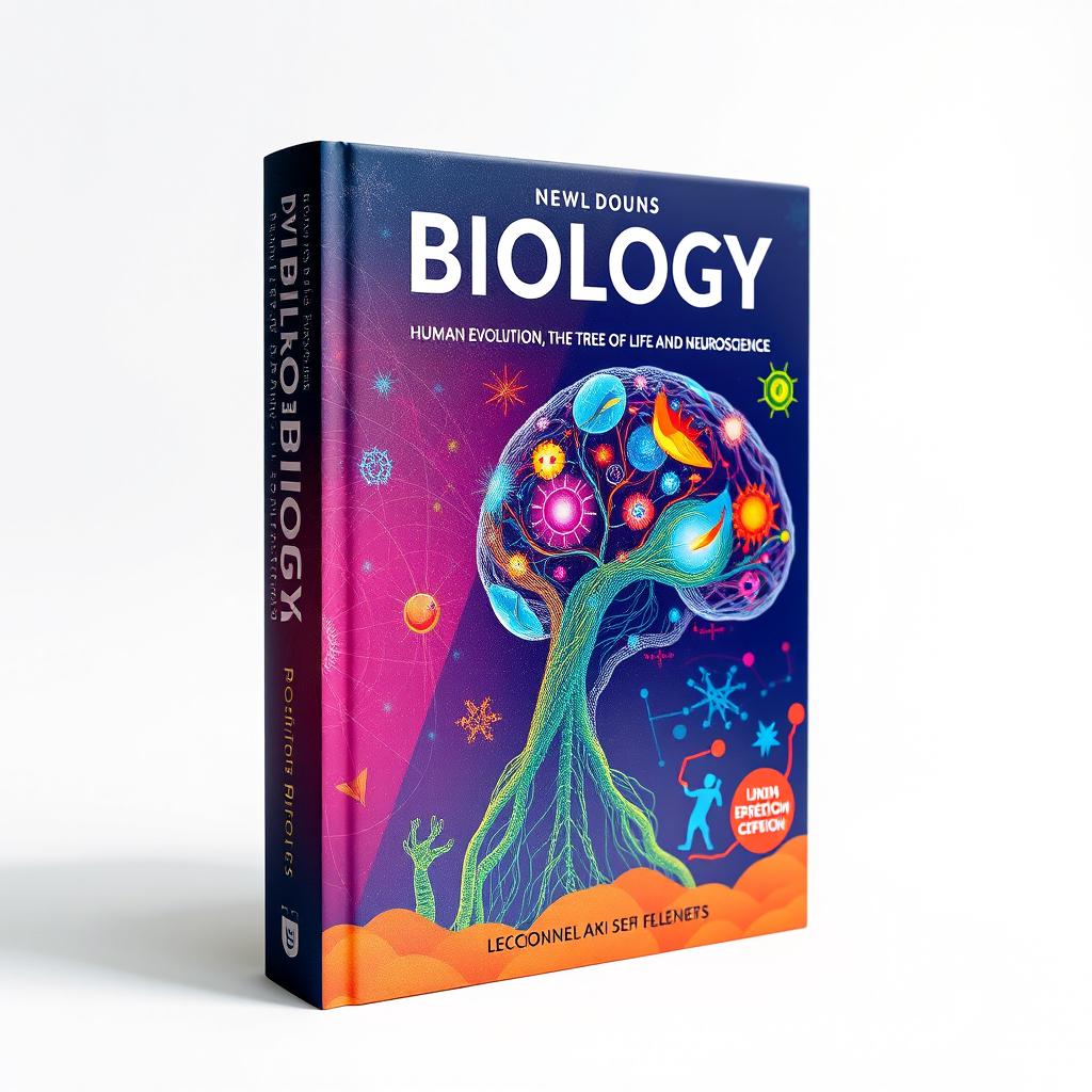 A vibrant and creative book cover for a biology textbook focused on human evolution, the tree of life, and neuroscience