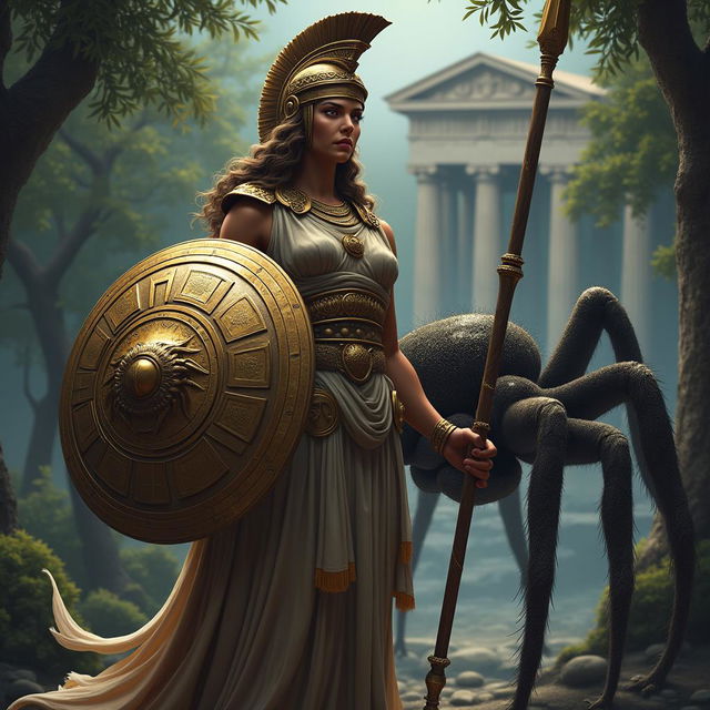 Athena, the Greek goddess, stands tall and regal with her traditional attributes, while Arachne is depicted as a large spider weaving a mesmerizing web in a dark forest