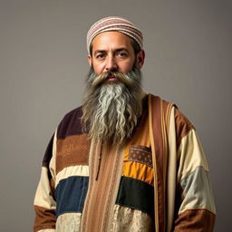 A man in his forties with a large beard, wearing patched Islamic clothing