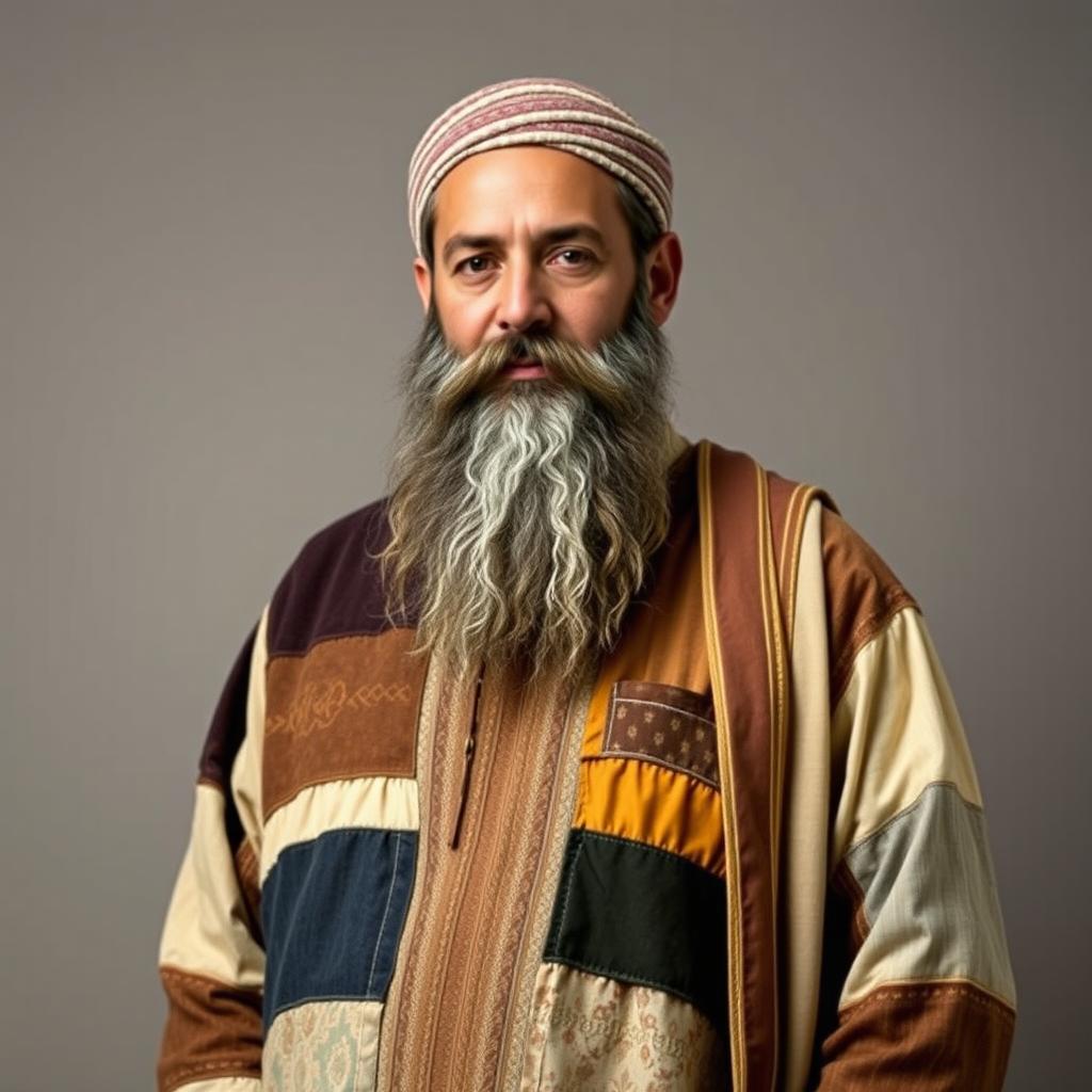 A man in his forties with a large beard, wearing patched Islamic clothing