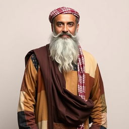 A man in his forties with a large beard, wearing patched Islamic clothing