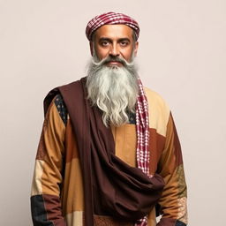 A man in his forties with a large beard, wearing patched Islamic clothing