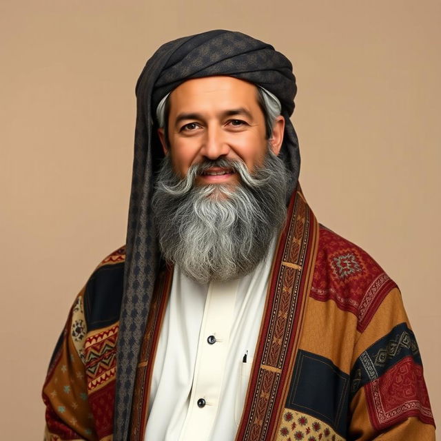 A man in his forties with a large beard, wearing patched Islamic clothing