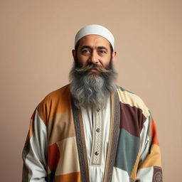 A man in his forties with a large beard, wearing patched Islamic clothing