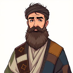 An anime-style man in his forties with a large beard, wearing patched Islamic clothing