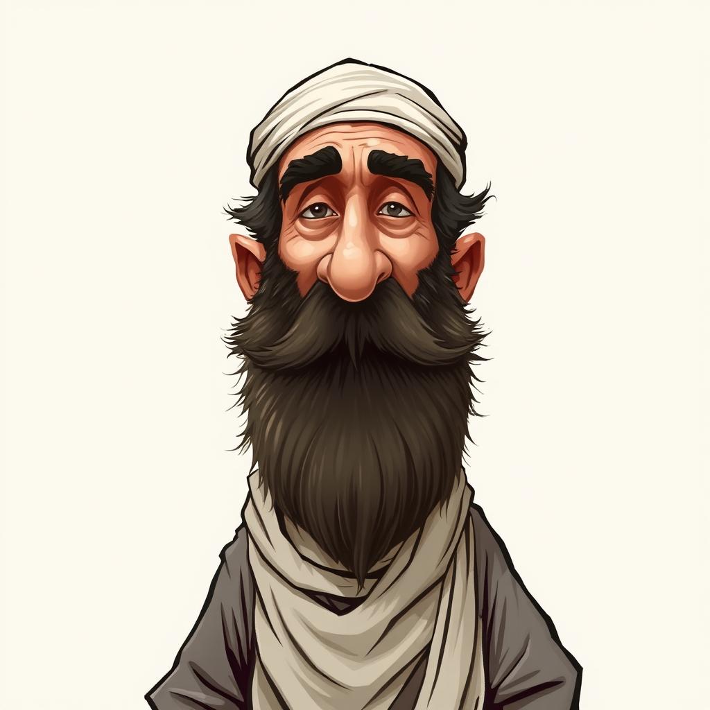 A caricature of a man with a large beard, wearing tattered Islamic clothing