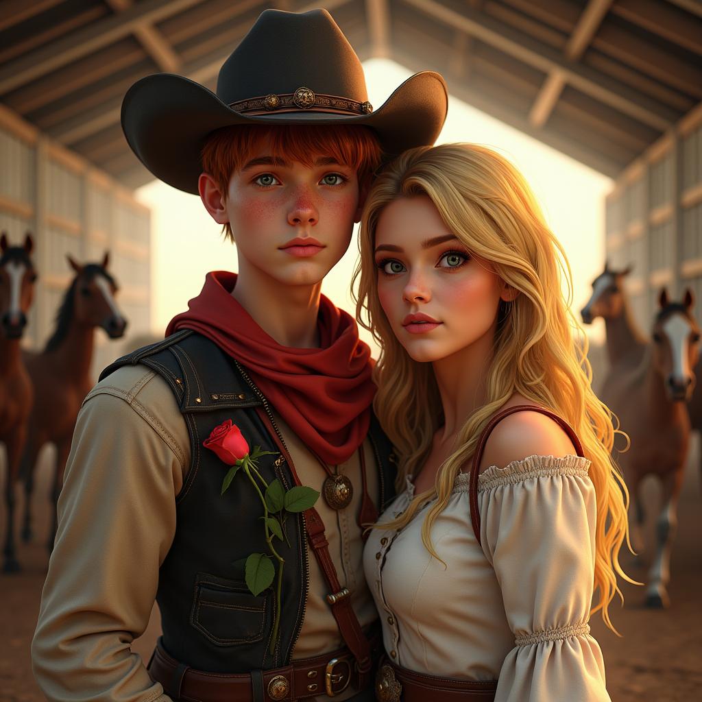 Book cover for 'My Cowboy - Selvagens Cavalos Negros' featuring a cowboy and a young woman on a farm with horses in the background and a rose as an additional detail