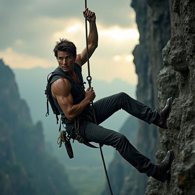 Tom Cruise hanging from a cliff, holding a rope with one hand, in a dramatic and intense action scene.