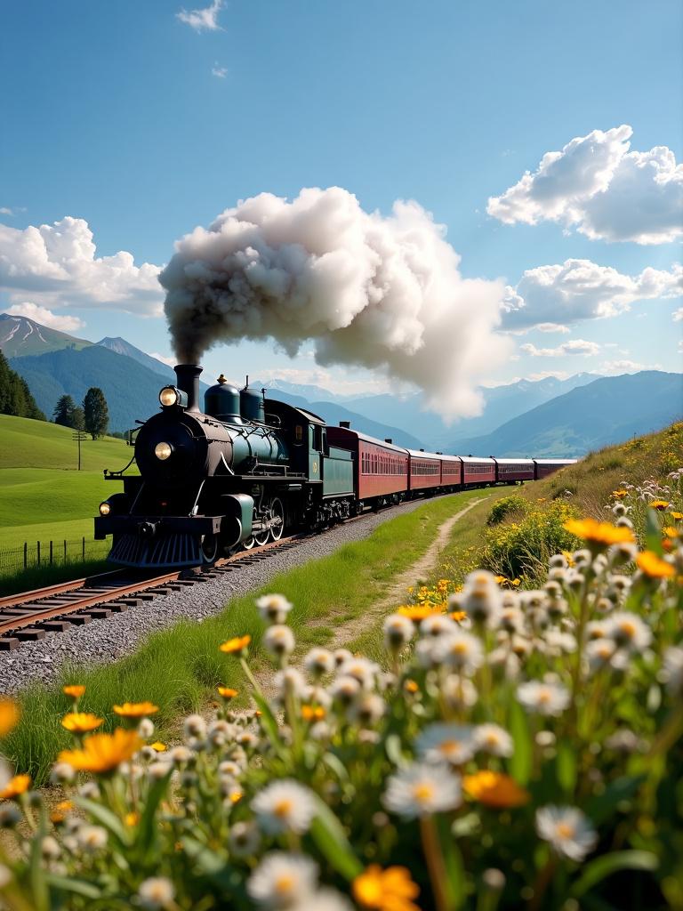 An old-fashioned steam locomotive chugging along a picturesque countryside with rolling green hills, wildflowers, and distant mountains under a clear blue sky