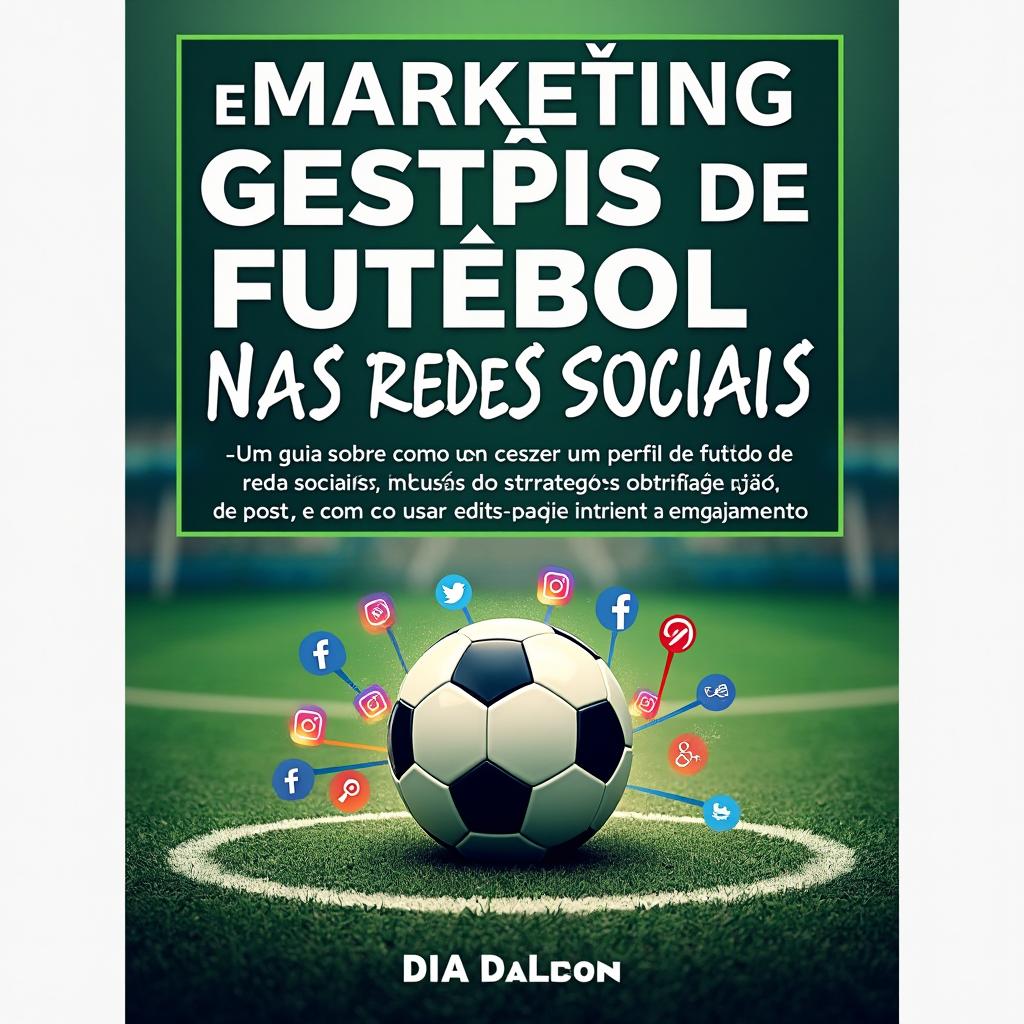 Create a vibrant book cover for 'Marketing e Gestão de Perfis de Futebol nas Redes Sociais', featuring a football field and social media icons, with a dynamic and modern design