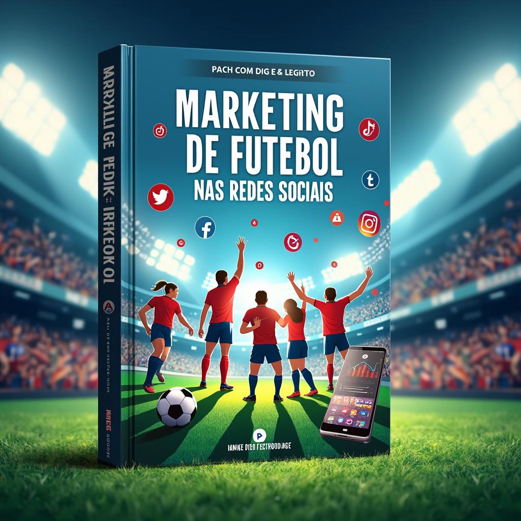 Create a dynamic book cover for 'Marketing e Gestão de Perfis de Futebol nas Redes Sociais' featuring a football stadium, social media icons, and elements like a football, smartphone, and growth charts