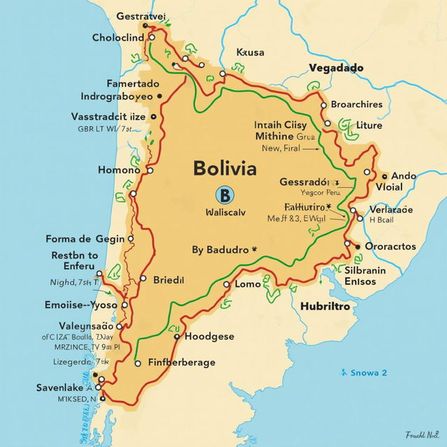 Mapa de Bolivia destacando los proyectos industriales clave del Estado durante el proceso de industrialización, con detalles geográficos y etiquetas claras