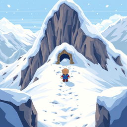 A wide setting where a character is leaving their small shelter and carefully descending a dangerous snowy slope to avoid triggering an avalanche