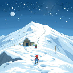 A wide setting where a character is leaving their small shelter and carefully descending a dangerous snowy slope to avoid triggering an avalanche