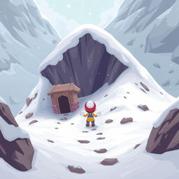 A wide setting where a character is leaving their small shelter and carefully descending a dangerous snowy slope to avoid triggering an avalanche